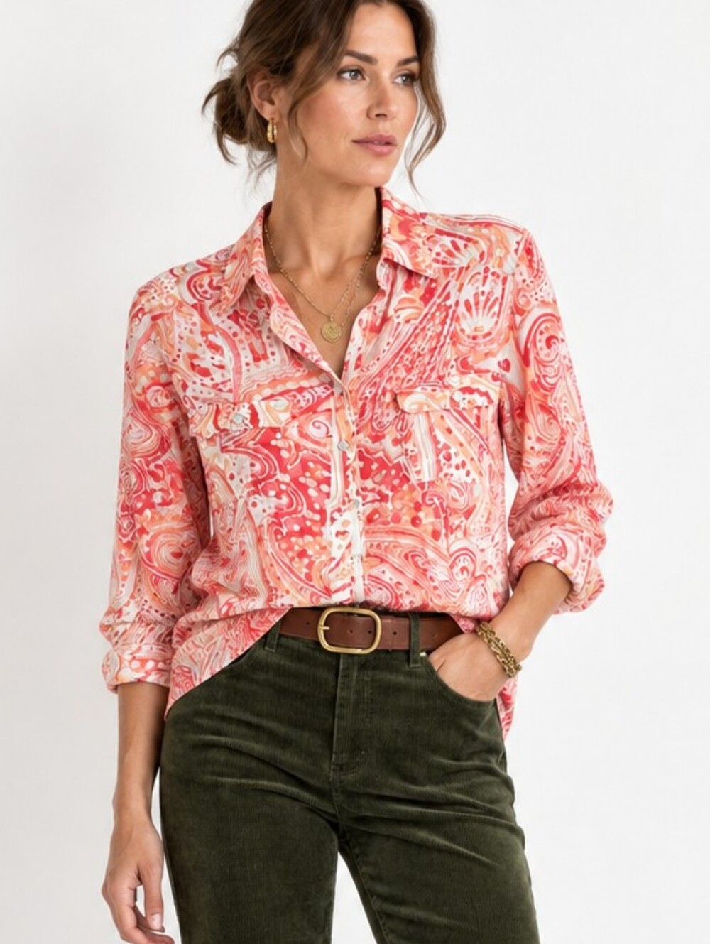 Chico's Button Down Blouse Paisley Print PinK Red Long Sleeve